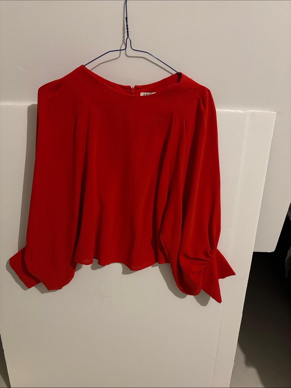 Women’s Red Long-Sleeve Blouse with Draped Cuffs